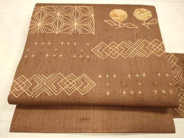 平和屋着物＊夏物 九寸名古屋帯 紬地 刺繍 刺し子 抽象花文 正絹 DAAY8030cm