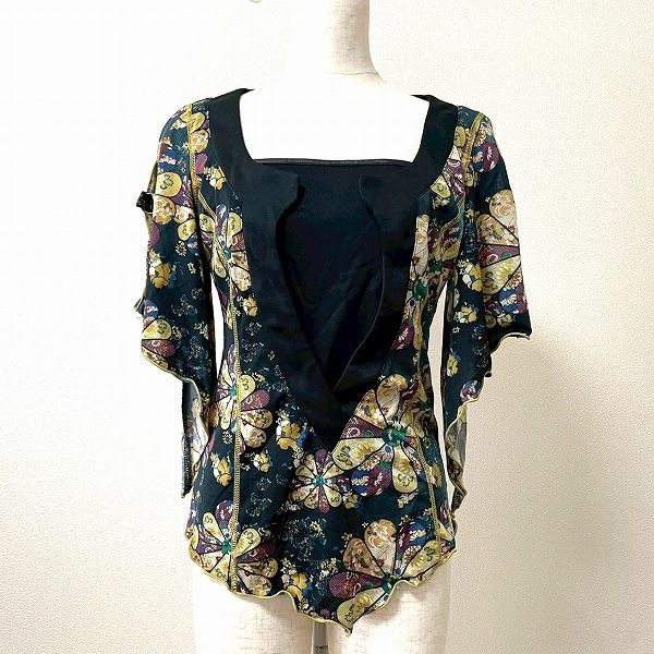 snc オッズオン OZZ ON カットソー 黒 マルチ 半袖 花柄 ステッチ 重ね着風 変形 レディース 966392