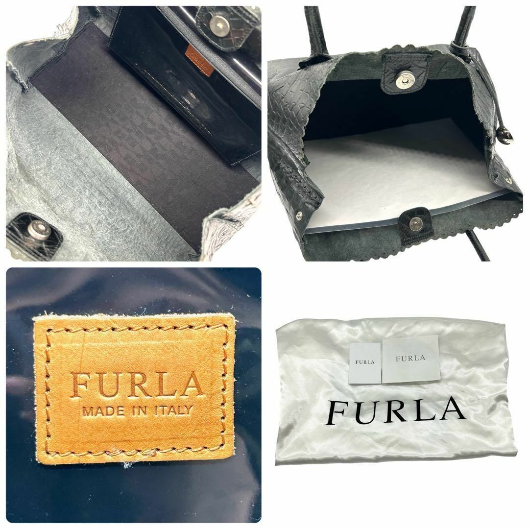良品 1285 フルラ トートバッグ クロコ型押し レザー ブラック A4 FURLA - 良品 1285 フルラ トートバッグ クロコ型押し レザー