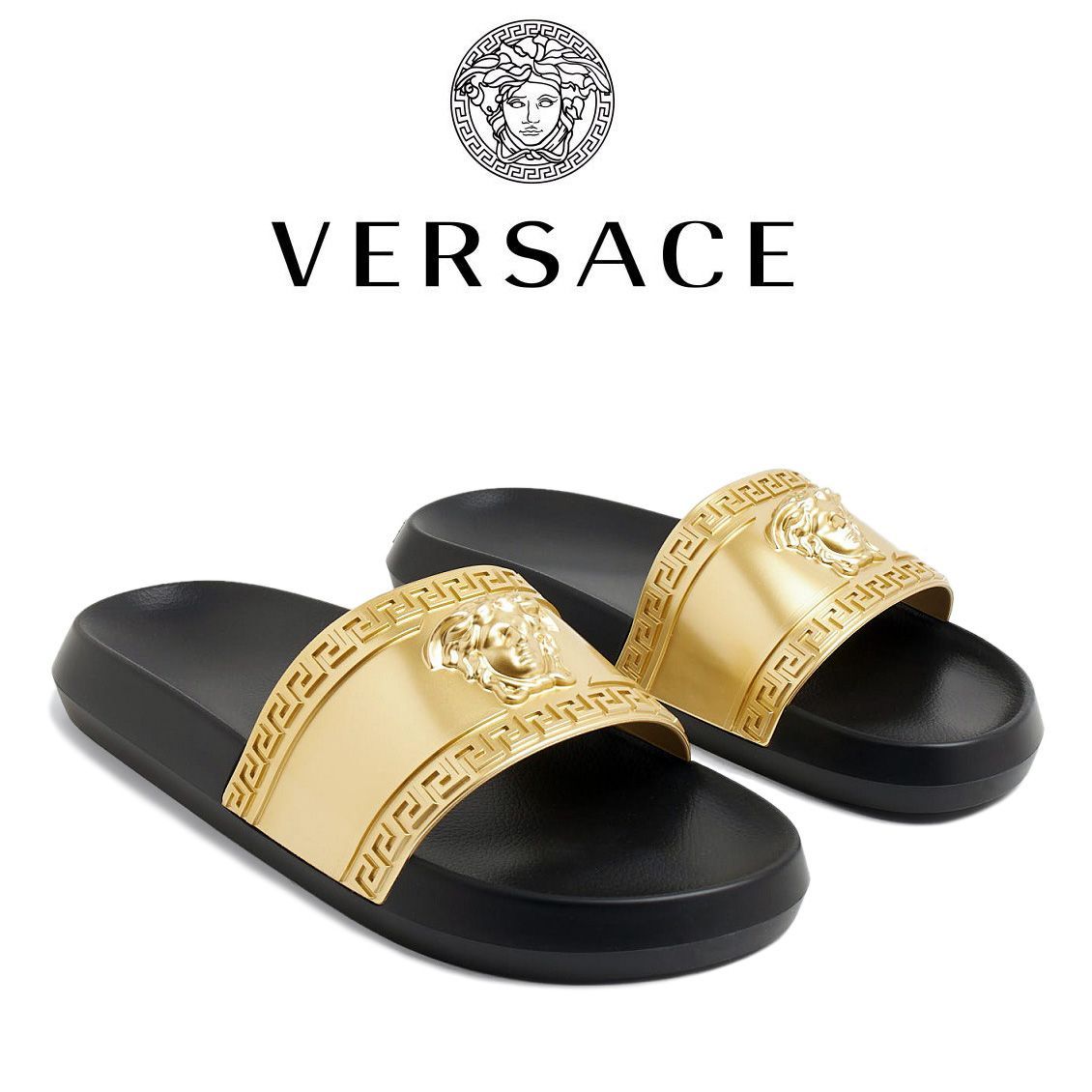 6 VERSACE ヴェルサーチ 1008733 DGOLG ブラック×ゴールド スライドサンダル シャワーサンダル ロゴモチーフ - メルカリ