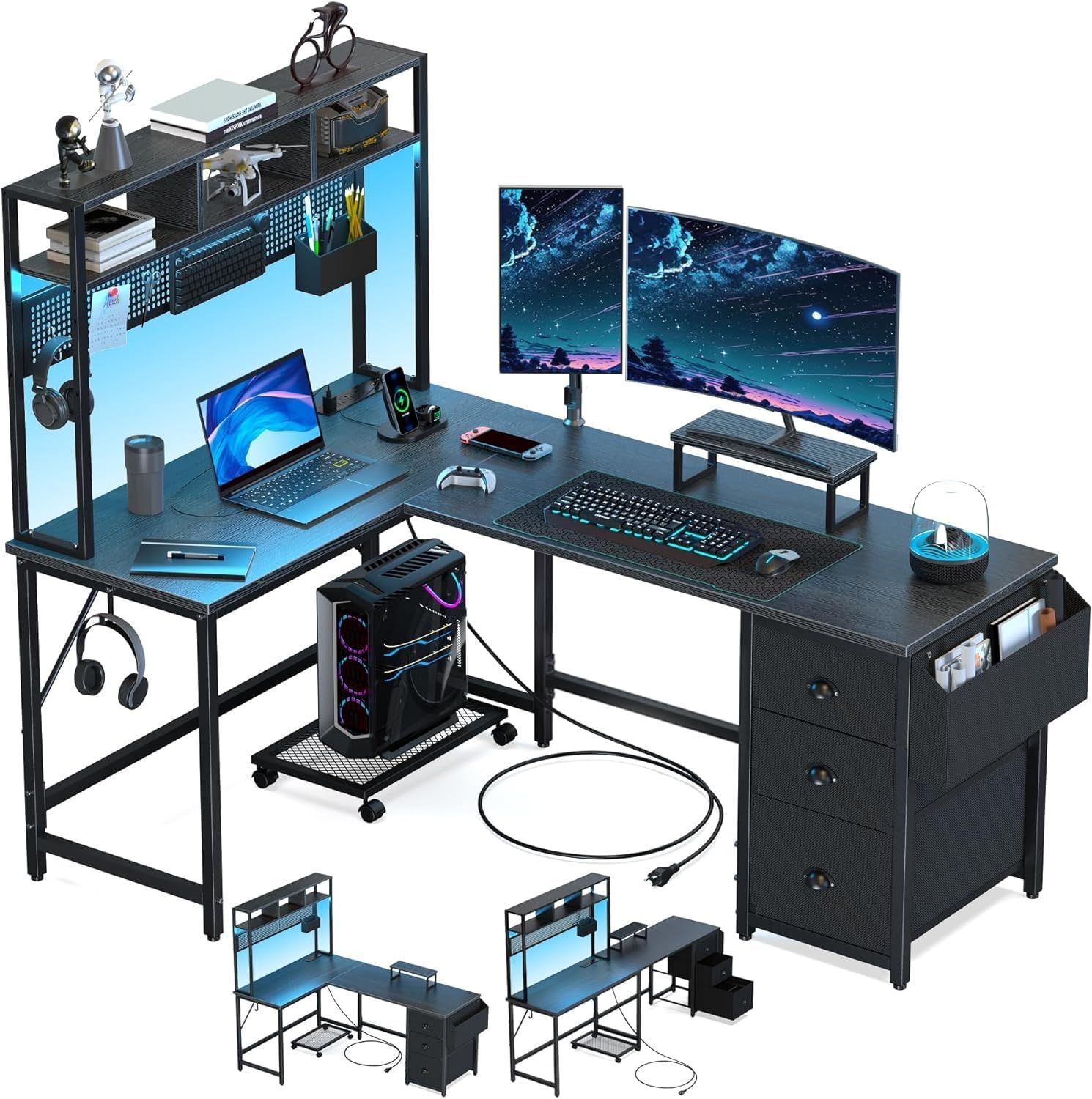 デスク computer PC desk ゲーミングデスク 子 収納 オフィスデスク 棚 コンセント付き 学習机 有孔ボード付き 作業机 引き出し付き コーナーデスク 幅169cm 在宅勤務 黒 組立簡単 パソコンデスク ブラック L字デスク 幅169CM