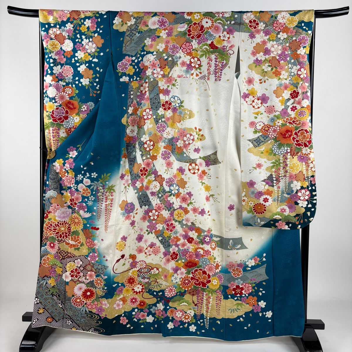 振袖 身丈165cm 裄丈67cm M 袷 菊 松竹梅 銀通し 金糸 青緑 正絹
