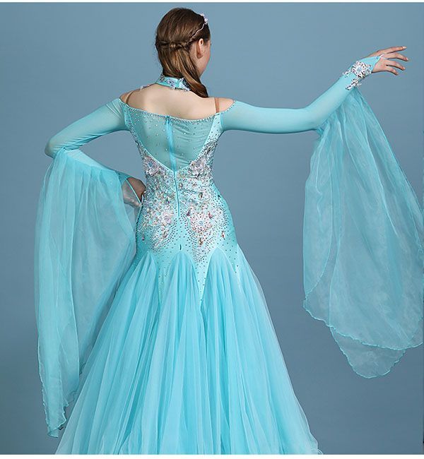 【最低価格】 社交ダンスドレス フロート 上品 社交ダンス衣装 モダンドレス ダンス発表会 大きい裾 豪華 競技着 練習着 演出 ドレス ワルツダンス S M L XL 2XL 水色 可能