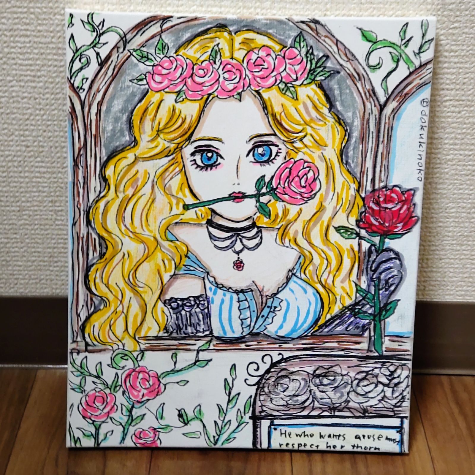 手描き レトロなイラスト「窓から覗く薔薇のプリンセス」 キャンバス