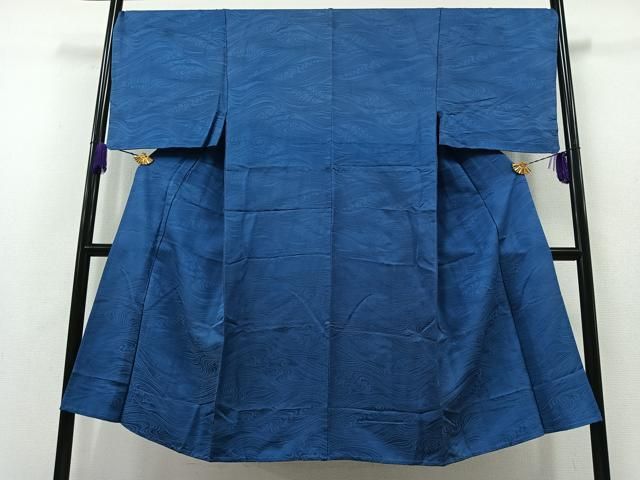 平和屋着物▽男性 色紋付 単衣 流水地紋 瑠璃色 正絹 AABA9547jh