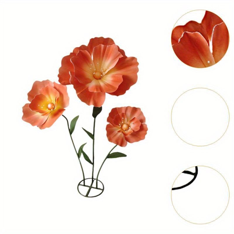 巨大なライトオレンジの人工ポピーの花と緑の茎 メタリックベース - エレガントなウェディング パーティー ホームデコセンターピース - テーブルアレンジメントや展示写真撮影用リアルなPPフォームデザイン イベントフローラルデコ | 鮮やかなテーブルデコ |