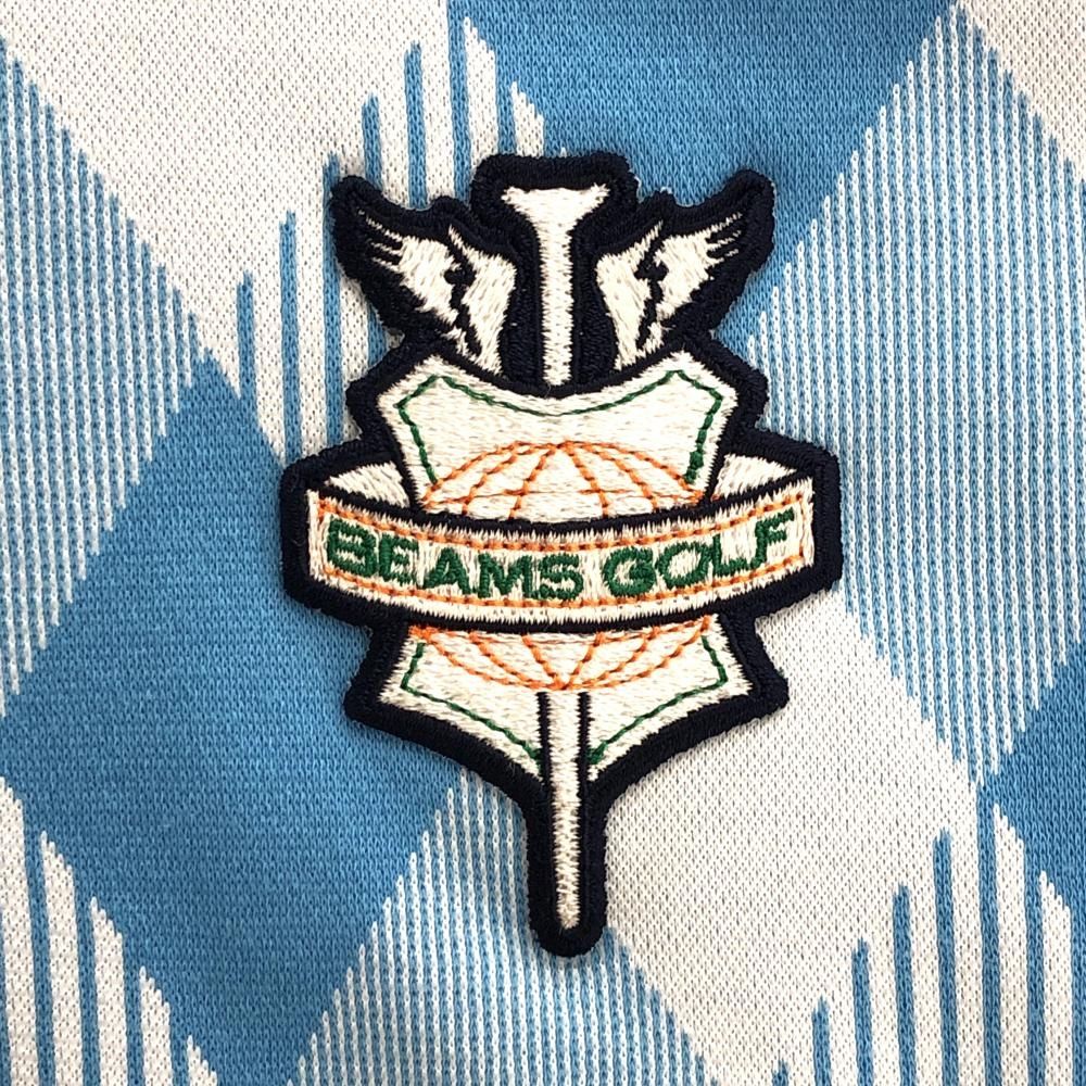 ビームスゴルフBEAMSGOLF ダイヤ総柄半袖シャツ XLポロシャツ ビームスゴルフ 半袖ポロシャツ ライトブルー×白 ダイヤ柄