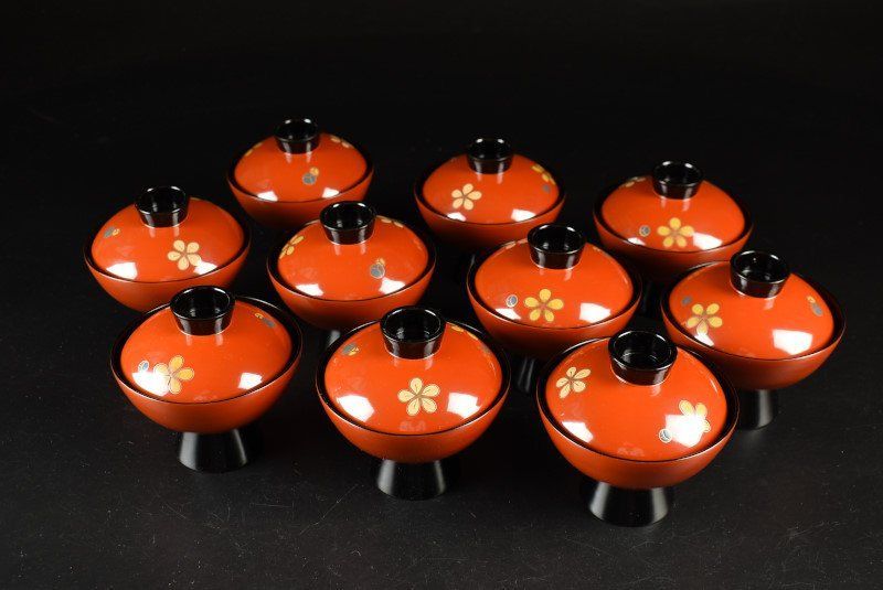 蔵C9459b 輪島塗 朱塗蒔絵 吸物椀 十客 共箱