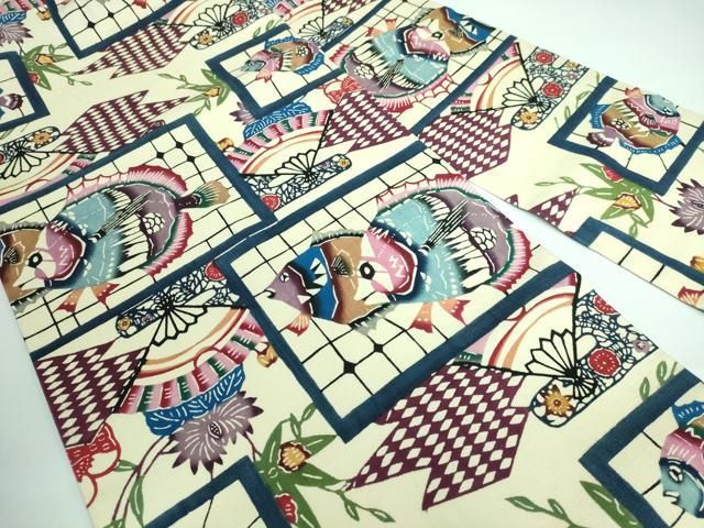 平和屋本店■極上　人間国宝　玉那覇有公　本場琉球紅型　九寸名古屋帯　紬地　魚　逸品　DZAA5720kh5 平和屋本店□極上 人間国宝 玉那覇有公 本場琉球紅型 九寸名古屋帯 紬