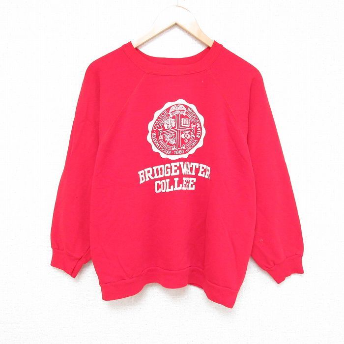 XL/古着 長袖 スウェット メンズ 80s ブリッジウォーター カレッジ ラグラン クルーネック 赤 レッド 24oct07 中古 スエット トレーナー ト