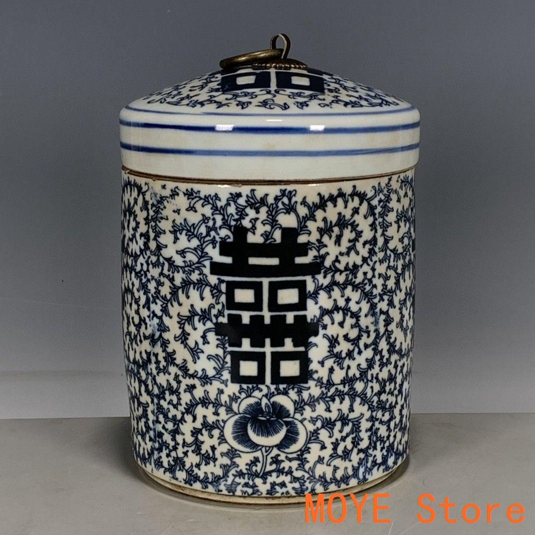 青花喜字缶 茶缶 茶道具 景徳鎮 陶磁器 装飾品 現代工芸品 美術品 置物 青花喜字缶 茶缶 茶道具 景徳鎮 陶磁器 装飾品 現代工芸品 美術