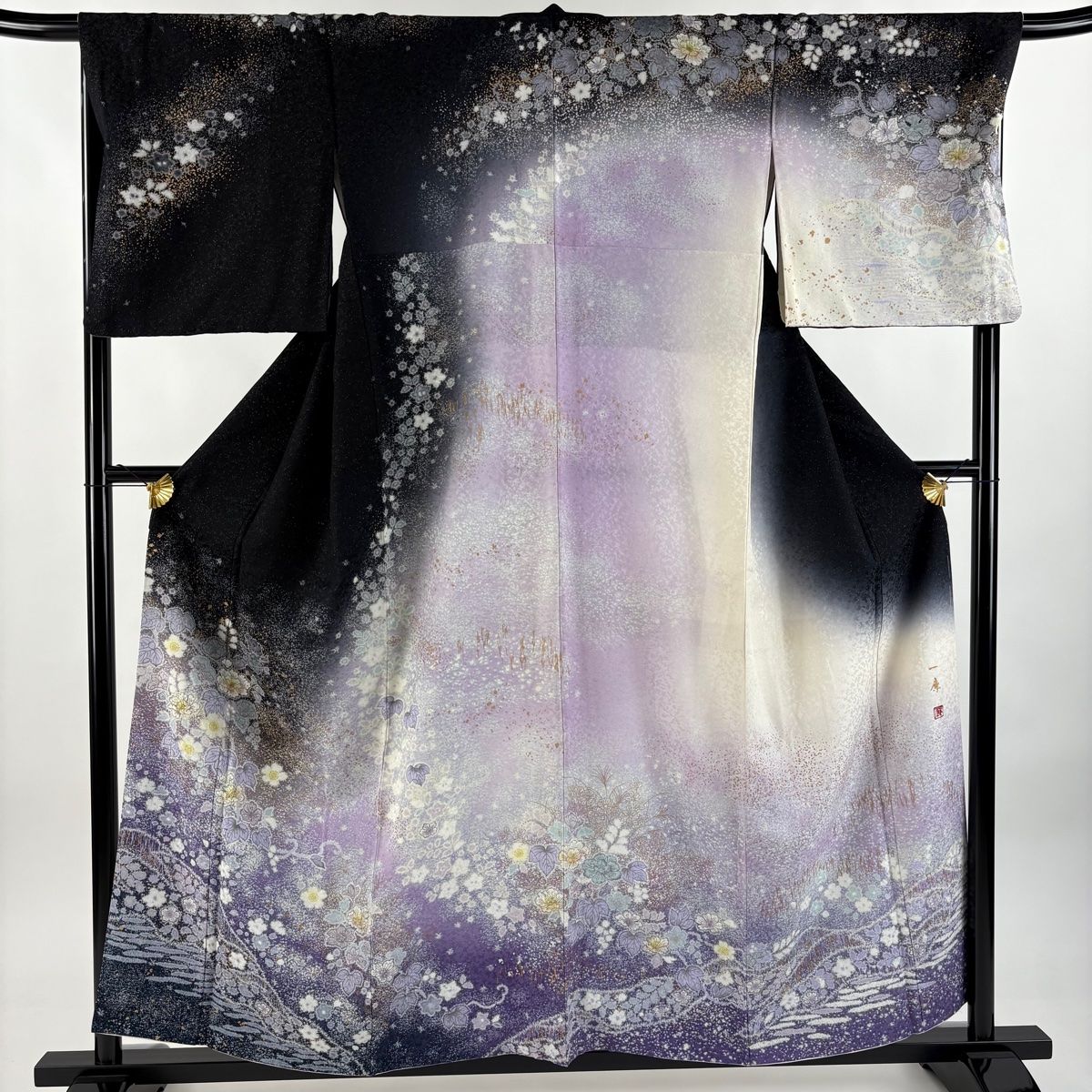 訪問着 身丈158cm 裄丈68.5cm L 袷 吉乃一廉 落款 草花 霞 銀通し 金彩 黒 正絹