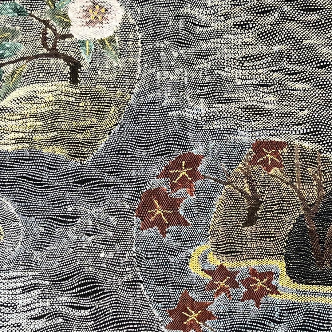 袋帯 すくい織 流水 花模様 楓 金通し 金銀糸 黒色 O-4086