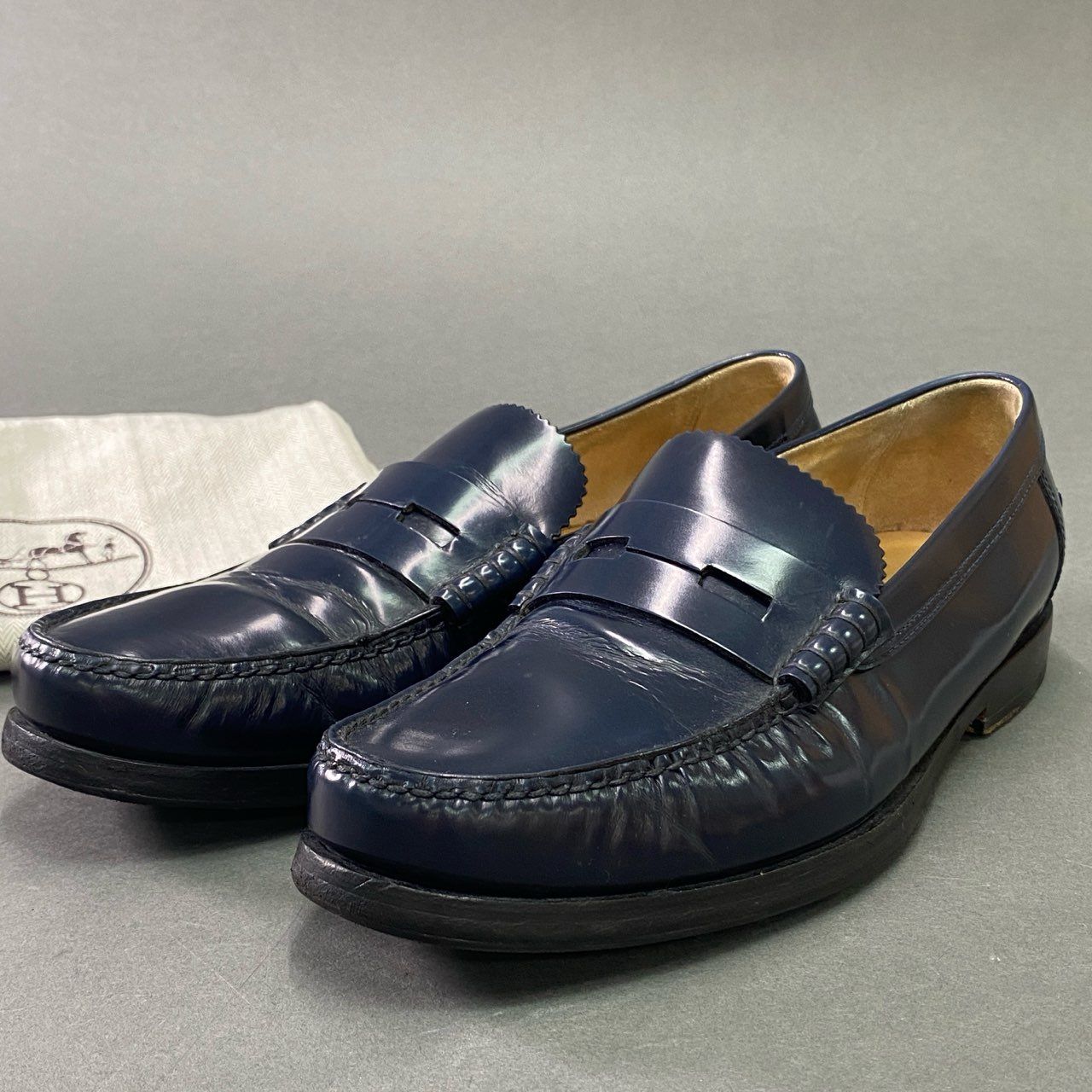 3b14 HERMES エルメス レザーローファー 40 1/2 ネイビー Leather 革靴 