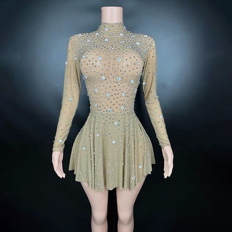 ♥ 社交ダンスドレス ベリーダンス衣装 全面スパンコール プリーツ ミニスカート シースルー ロングスリーブ ステージ ドレス 2カラー選択