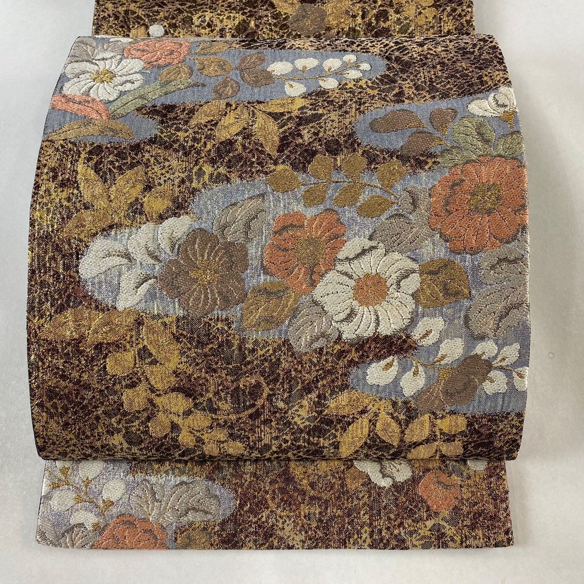 袋帯 美品 秀品 草花 霞 金糸 箔 濃紫 六通 正絹 【中古
