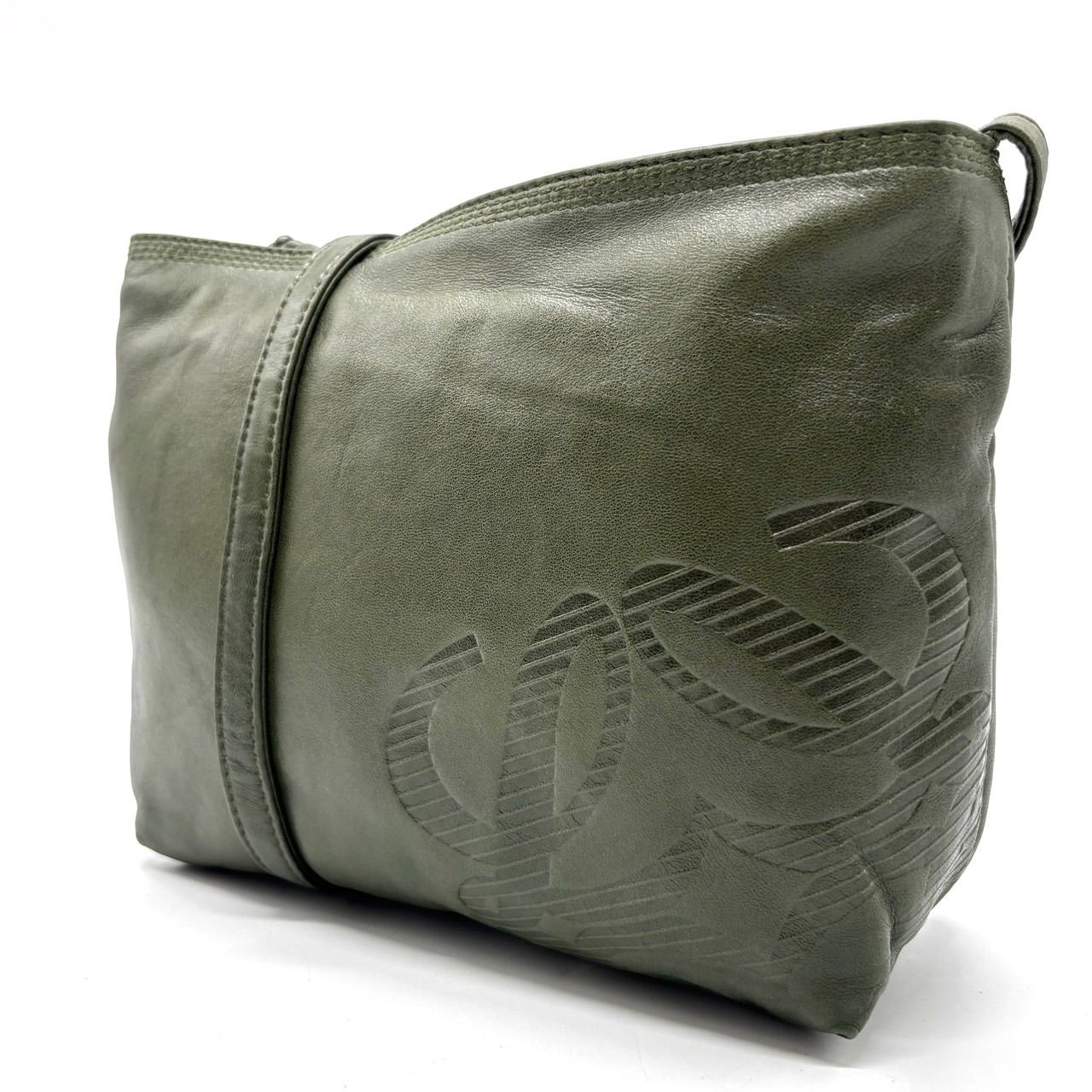 【LOEWE】ハンドバッグ　アナグラム　ロゴ型押し　キャンバス　レザー　グリーン ✨良品✨LOEWE ロエベ ショルダーバッグ トートバッグ