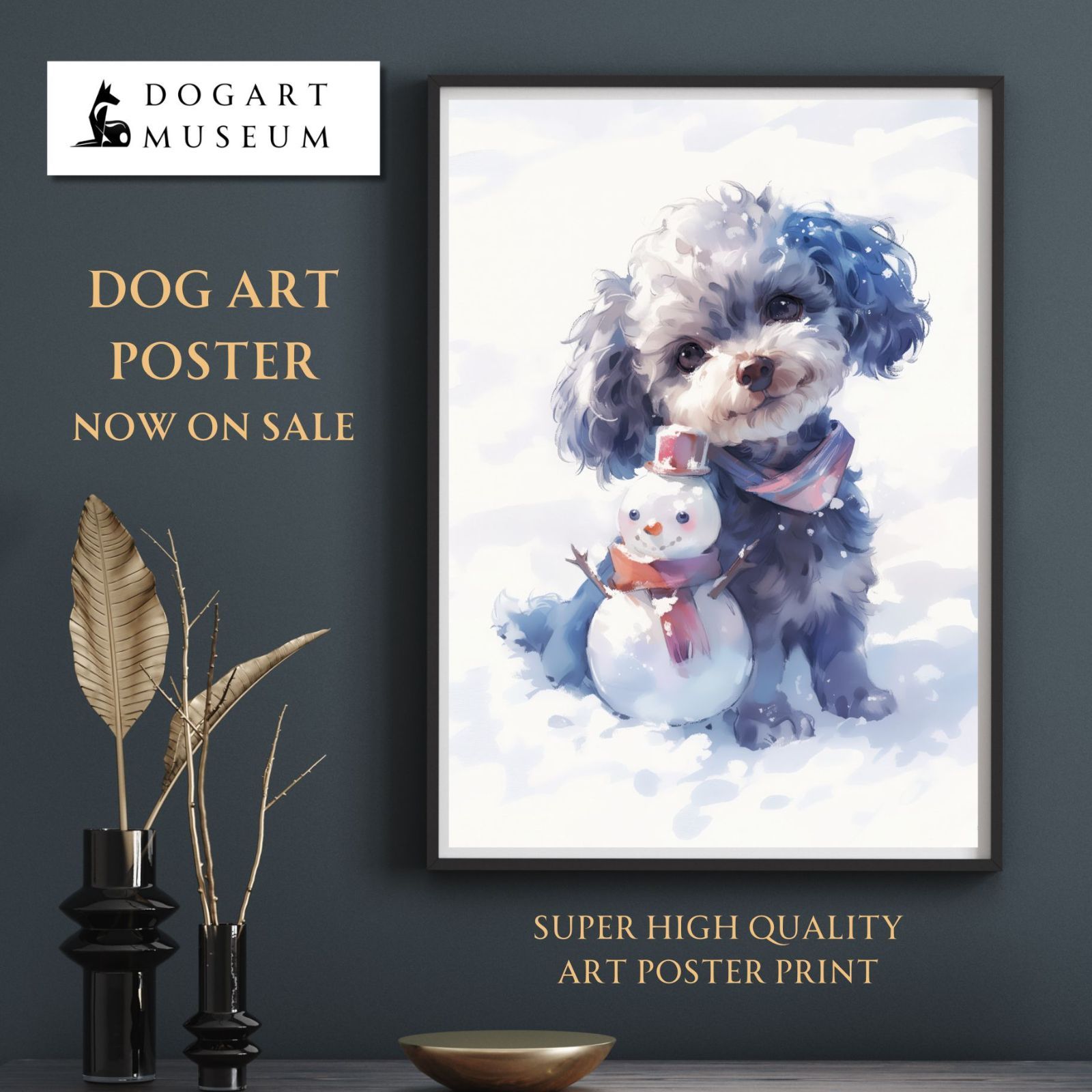 雪犬戯舞 - トイプードル犬 No.7 シルバー グレー ブラック 冬 雪だるま 子犬 ペットロス うちの子 記念日 アートポスター 犬の絵 犬のイラスト ギフト プレゼント