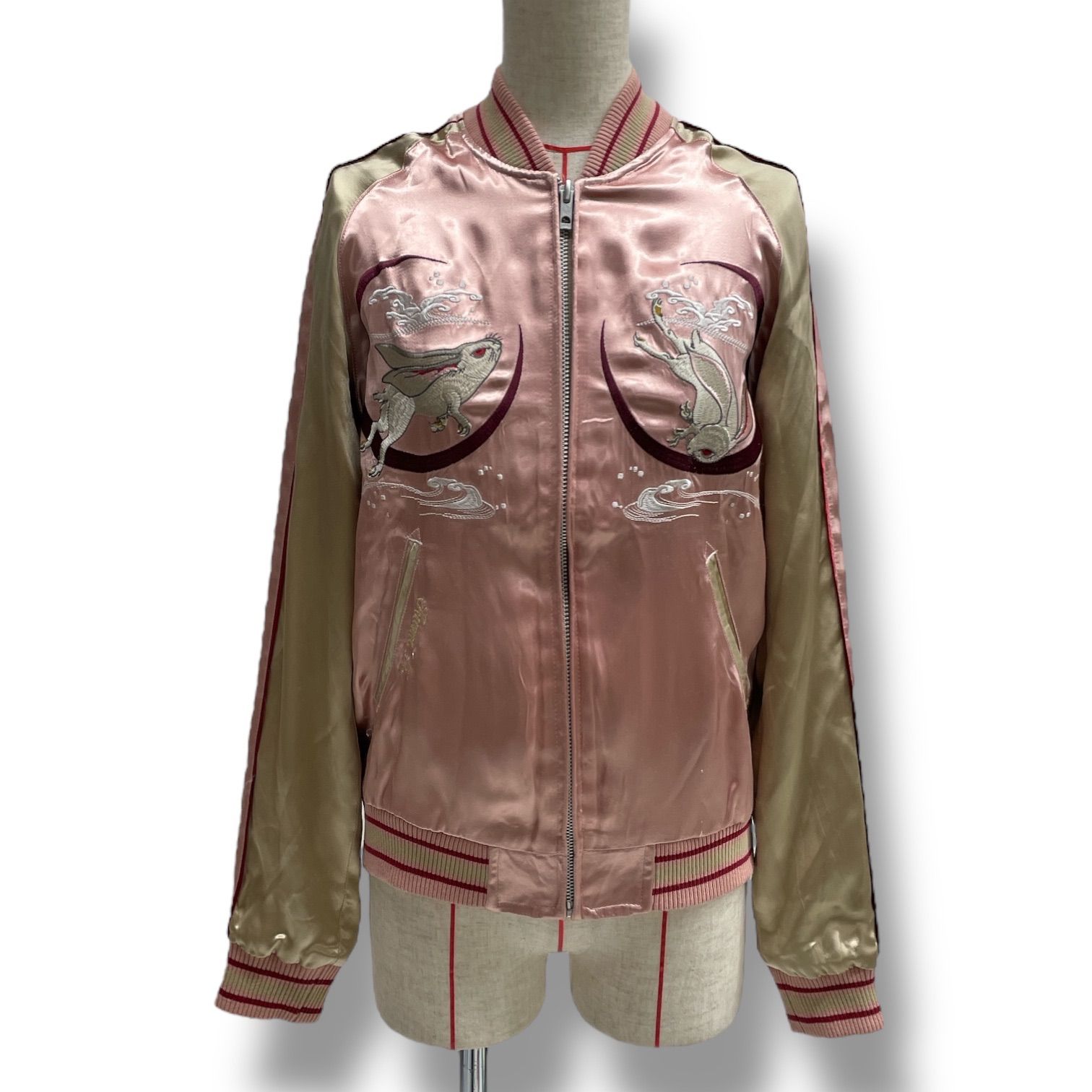 花旅楽団 ハナタビガクダン リバーシブル スカジャン アウター 羽織り 兎 うさぎ ウサギ 刺繍 ピンク ゴールド 金 マルチカラー サイズS レディース ゴーゴー古着マルイ北千住店 10 No.1052