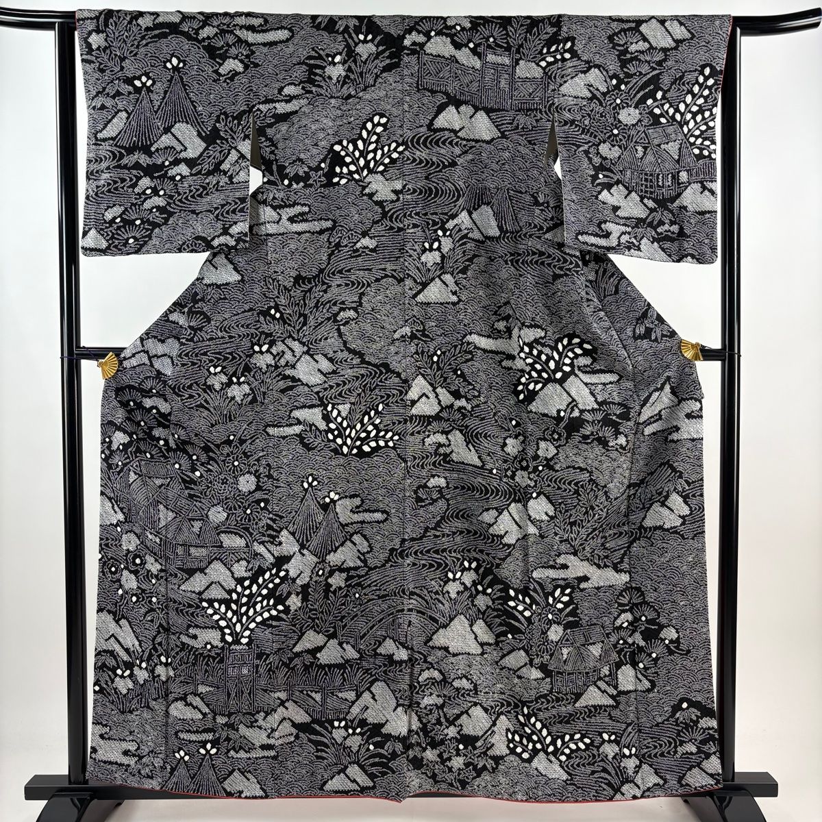 訪問着 身丈158.5cm 裄丈64cm M 袷 家屋 草花 総絞り 黒 正絹 美品 名品 【】