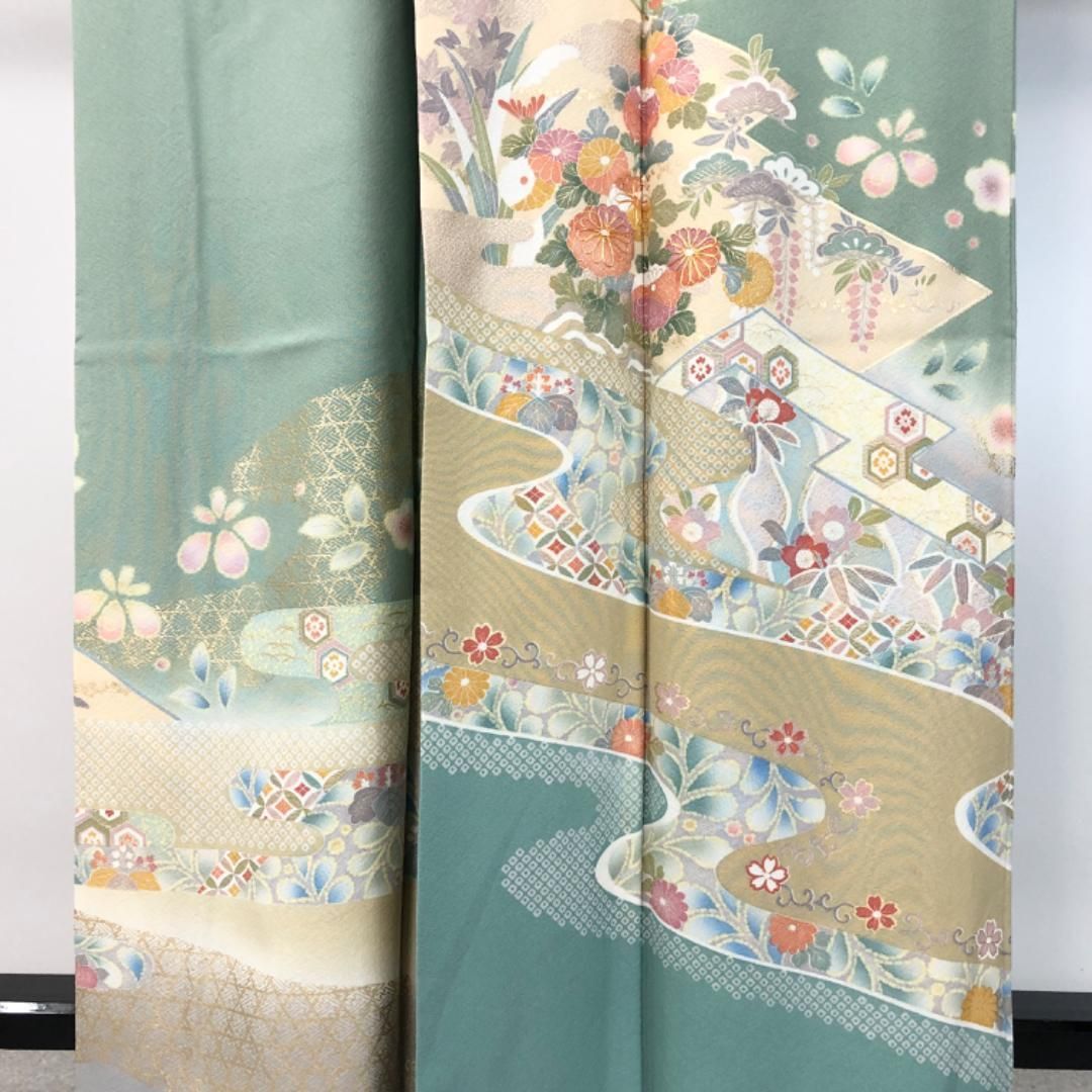 訪問着 四季の花模様 金駒刺繍 金彩 裏葉色 ガード加工 K-5022
