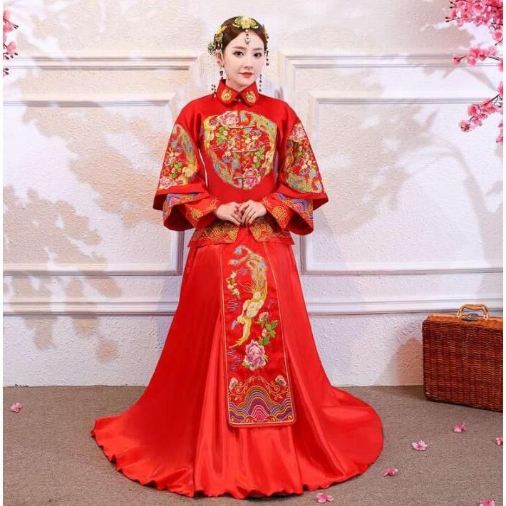 豪華中華服 上下二点セット 赤 刺しゅう 中国古典風ウエディングドレス チャイナ服 華流コスプレ舞台ステージ衣装 女性 イベントチ