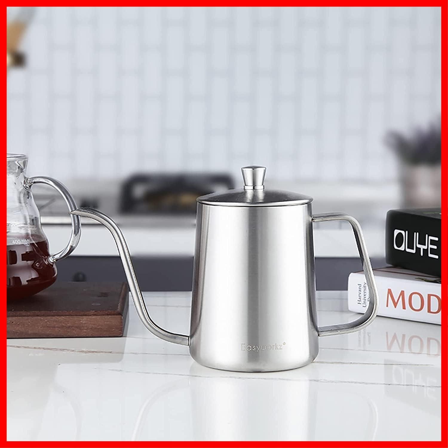 【新品通販】 数量 ドリップ ハンド ポット コーヒー シルバー ステンレス鋼 温度計付き 600ml ケトル グースネック Easyworkz