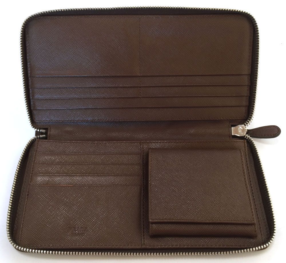 カード付 プラダ 長財布 メンズ ラウンドファスナー 財布 ブラウン  