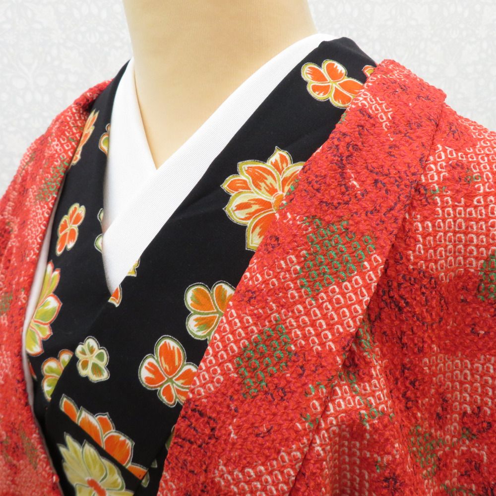 羽織 正絹 絞り 赤系 薔薇 花 しつけ糸付 着物コート 和装 ちりよけ 