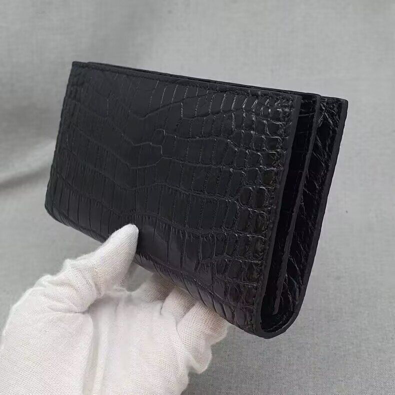 薄い 総クロコ クロコダイル本革 長財布 二つ折り ワニ革 本物 カード入れ センター取り 腹部革使用 ウォレット レザー財布 小銭入れなし