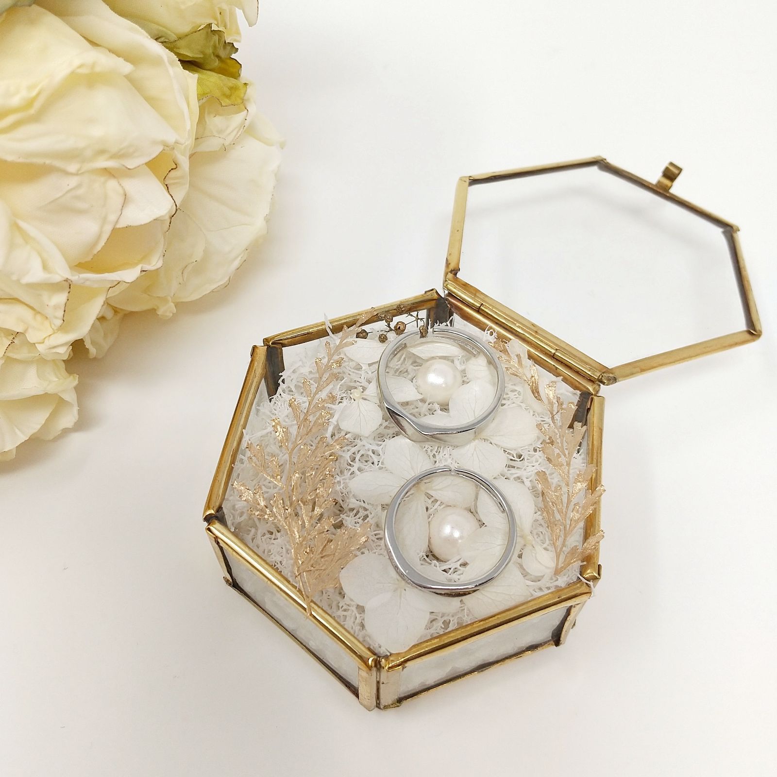 リングピロー ツインリーフ ハンドメイド ガラスケース 六角形  