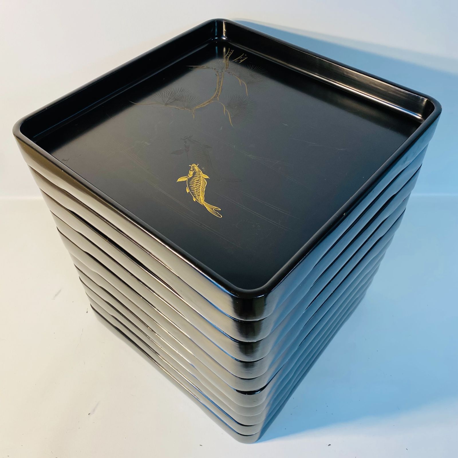 御膳 木製 漆器 松鯉絵 金蒔絵 10客セット 膳 お膳 会席膳 懐石膳 和柄