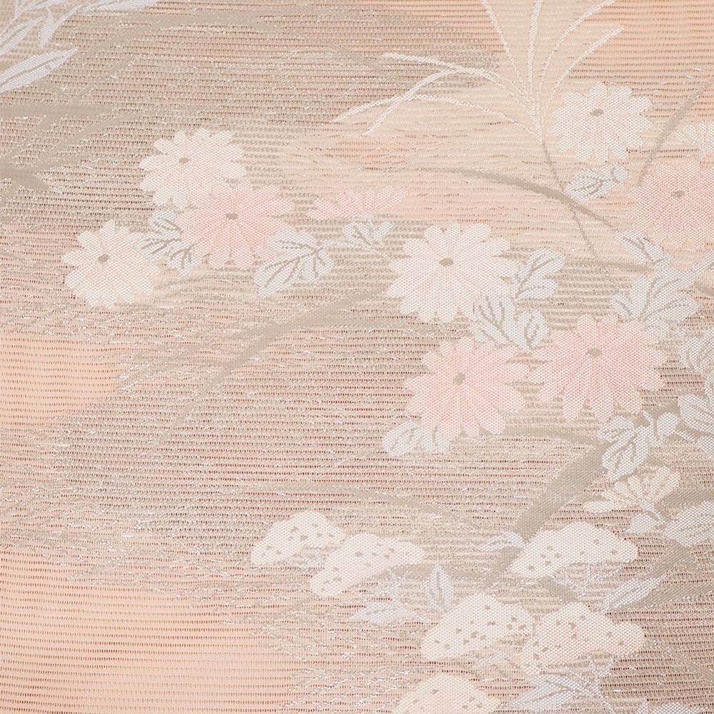 新品未使用 手織り 高級品 夏用 絽 正絹 袋帯 吹き寄せ文様 白地 絽 袋帯 正絹 ピンク 銀箔 菊 桔梗 オミナエシ Lサイズ F8081 未