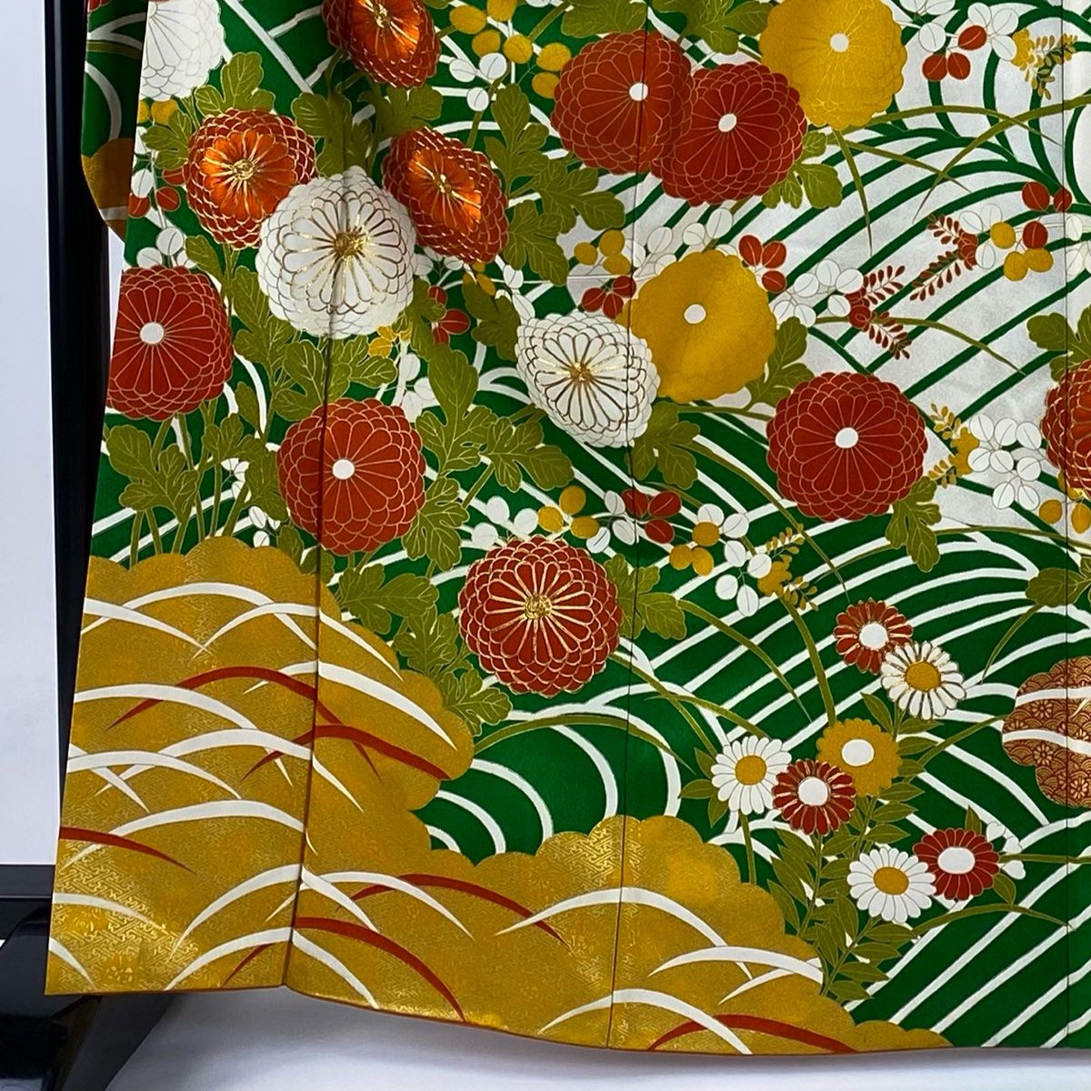 振袖 身丈165cm 裄丈66cm M 袷 菊 雲文 金糸 金彩 緑 正絹 秀品