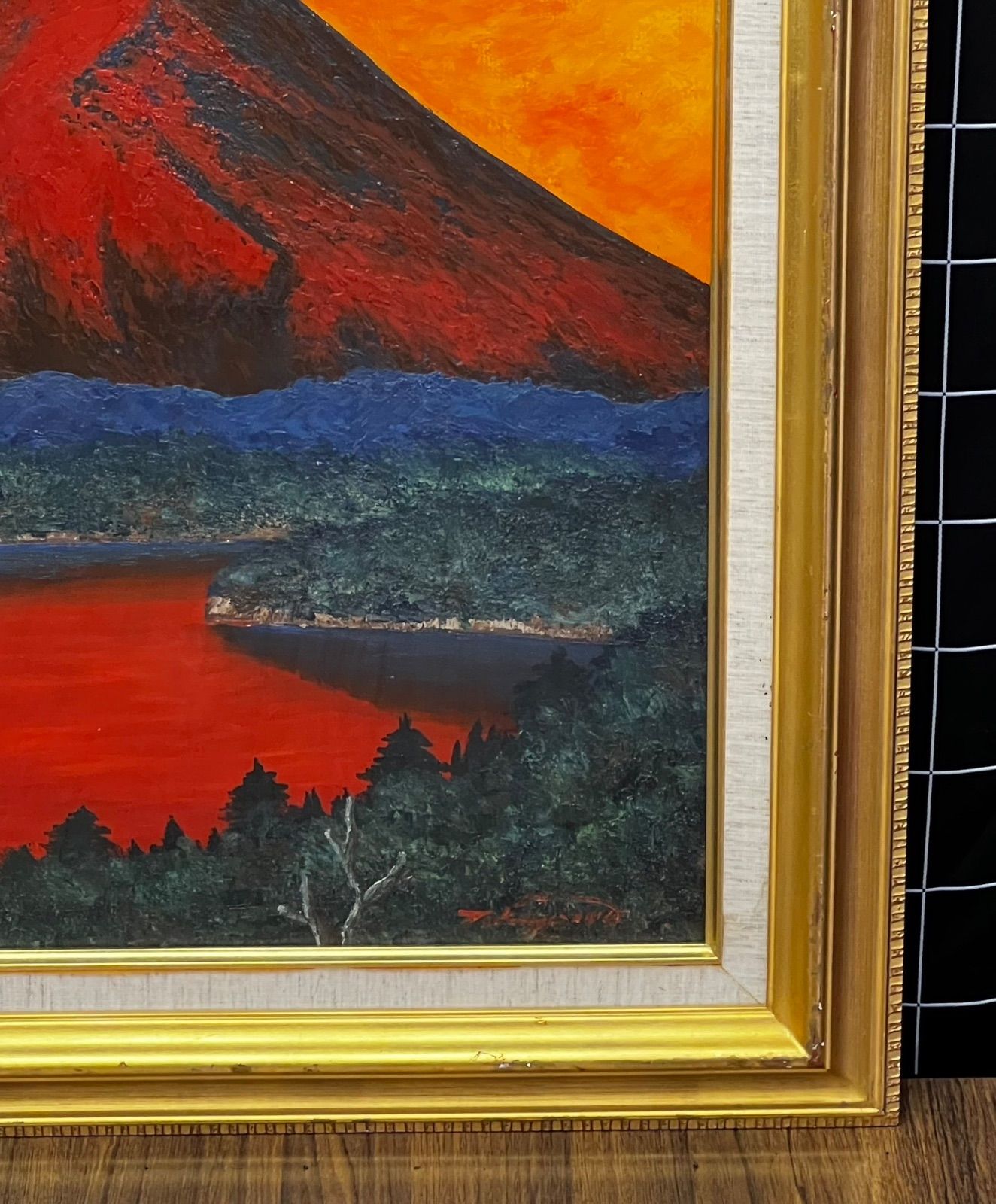 油彩画 油絵 高山勝雄 【朝の風景 富士山】 F10号 赤富士 額縁 額装 インテリア 直筆サイン 裏書あり - メルカリ