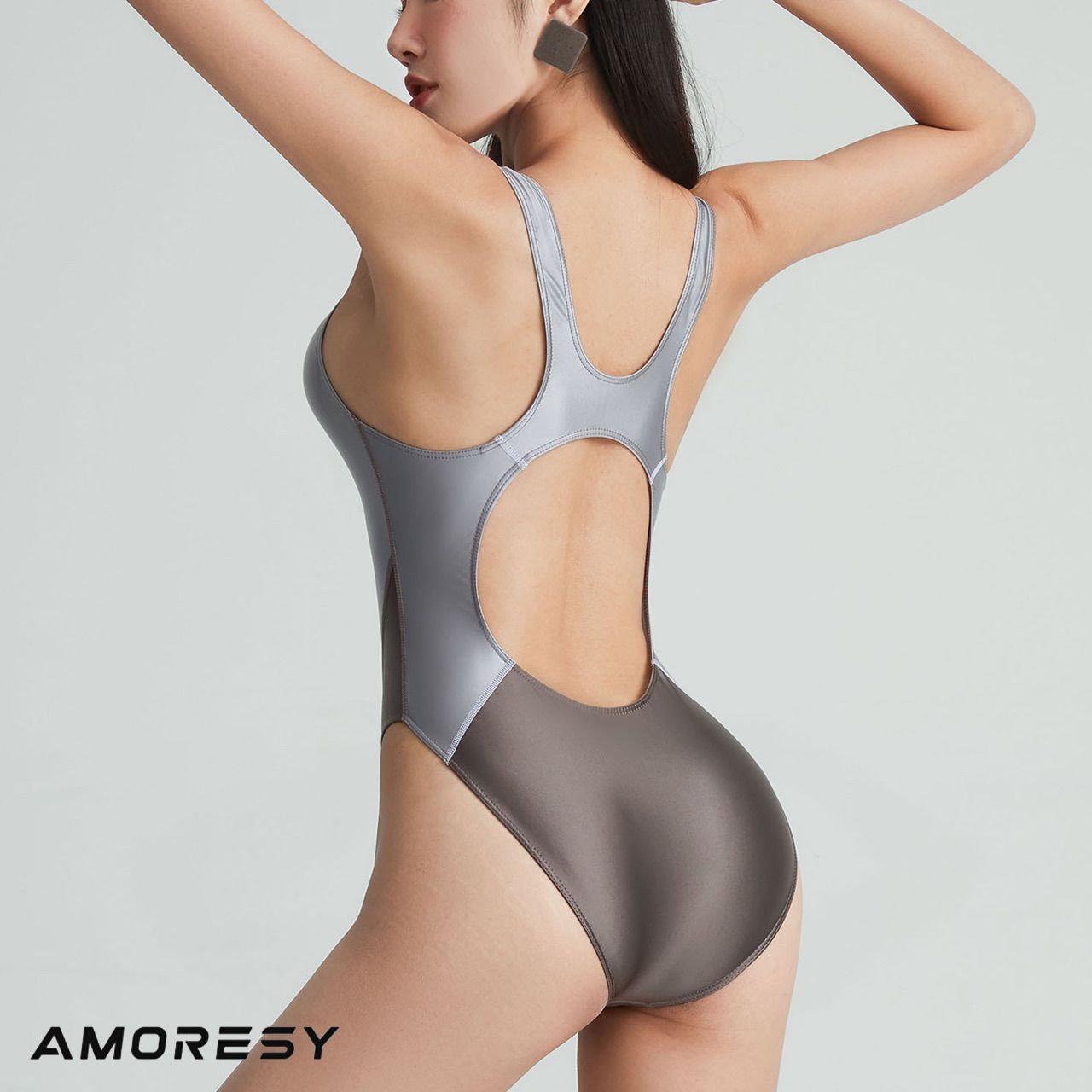 【新商品】Amoresy製光沢ボディスーツ　シルバー AMORESY アモレシー Athena SLIKTEX Superfine 極薄 シアー