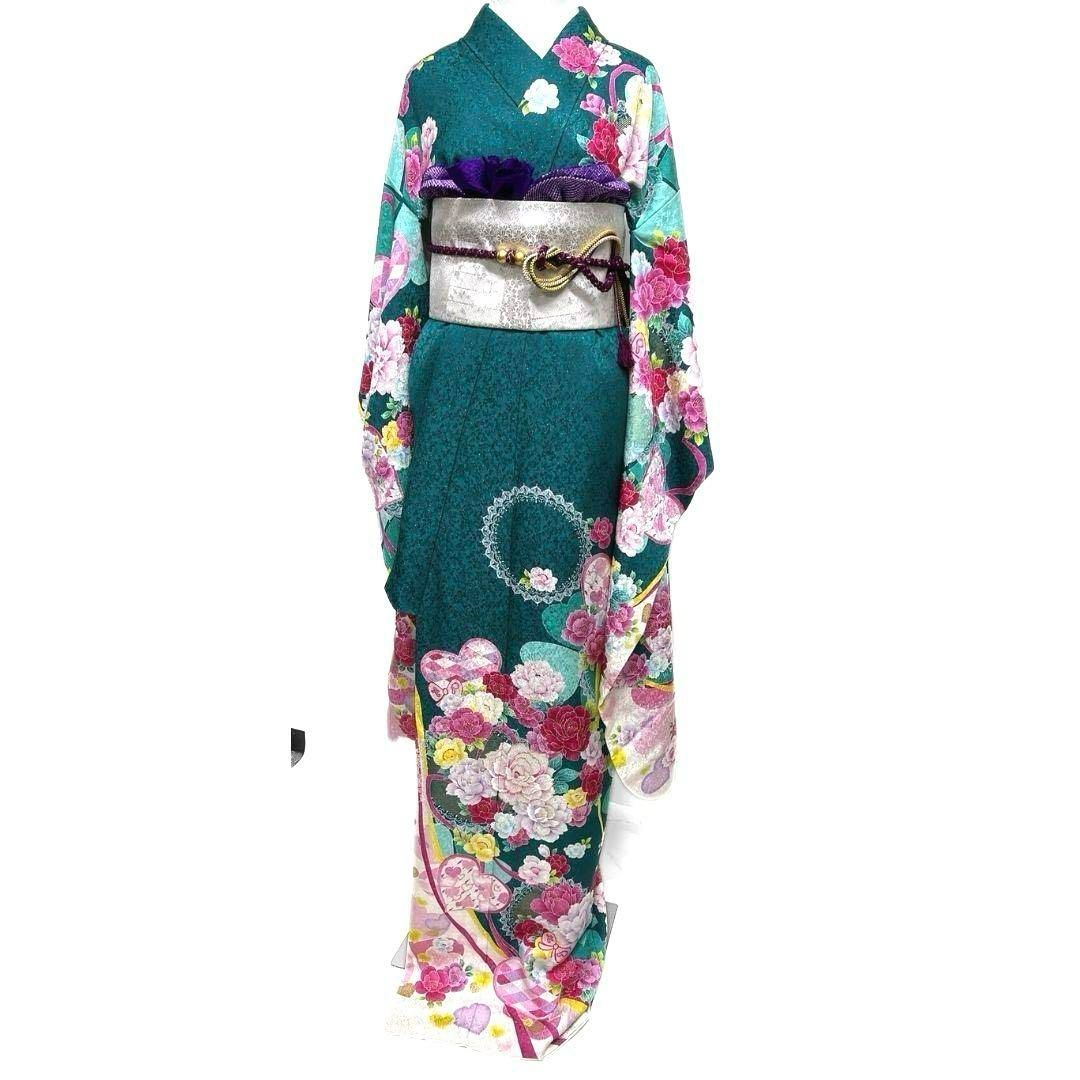 銀通し 刺繍 牡丹 クローバー ハート 振袖 晴れの日 着物 022a p