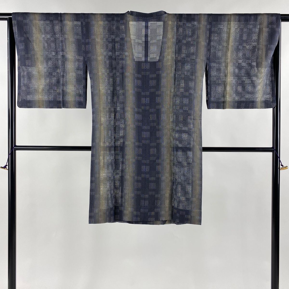 道行 身丈101.5cm 裄丈65cm M 和装コート 角衿 格子 ぼかし 青灰色 正絹