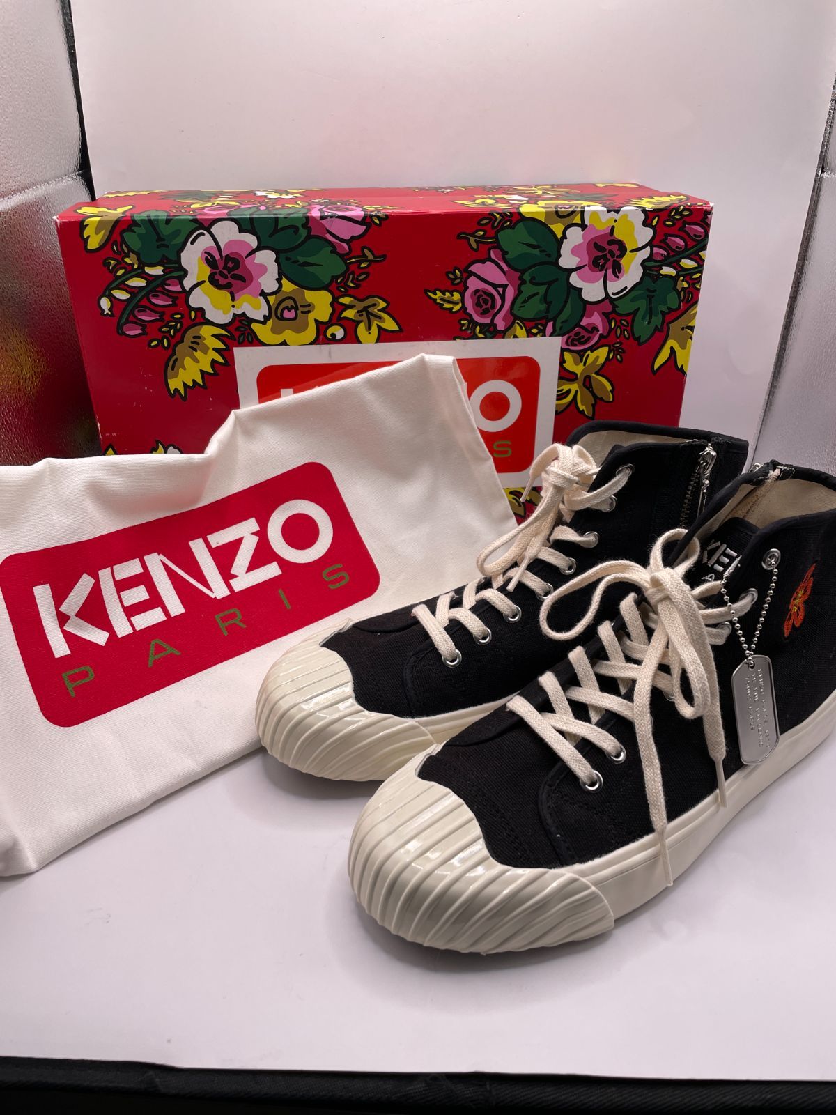 26.5cm KENZO ケンゾー ハイカットスニーカー フラワー刺繍 ドッグ 属 ホワイトソール