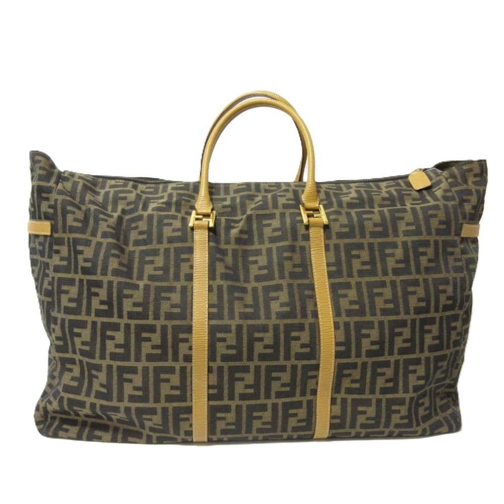 FENDI フェンディ ズッカキャンバス レザー FF金具 ボストンバッグ ハンドバッグ ベージュ×ブラック×ゴールド金具 レディース 古着