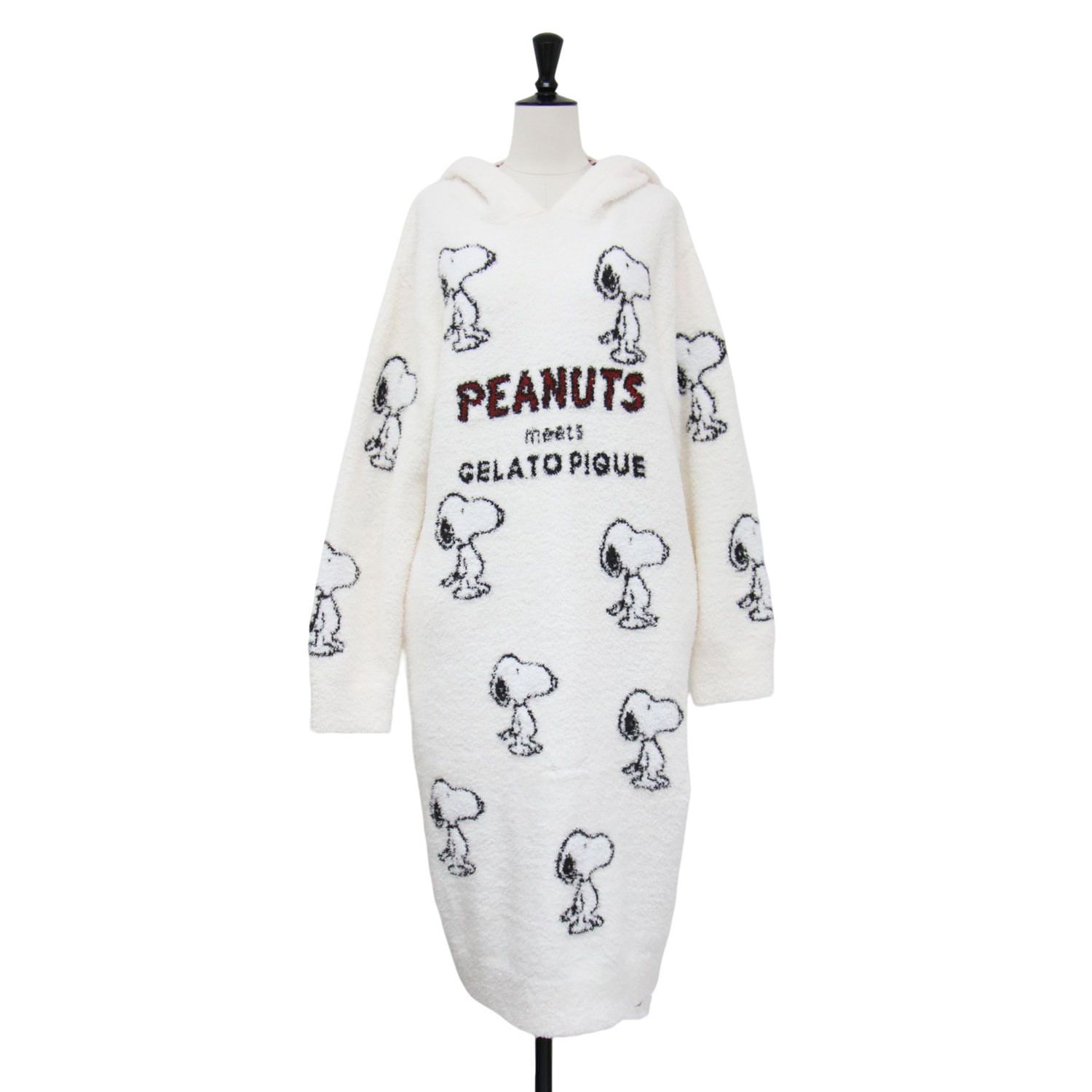 gelato pique ジェラートピケ PEANUTS ワンピース アイボリー サイズ | 23春夏 総柄 ジャガード ワンピース | ルームウェア | ロング 長袖 フード付き スヌーピー ロゴ | トップス リラックス レディース