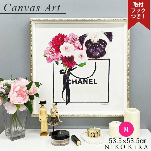 アートパネル アートポスター ブランド シャネル CHANEL オマージュアート ショッピング バッグ 犬 パグ モノクロ モダン 玄関 トイレ キャンバス M 53.5cm a3 フレーム付き かわいい 可愛い 開運 