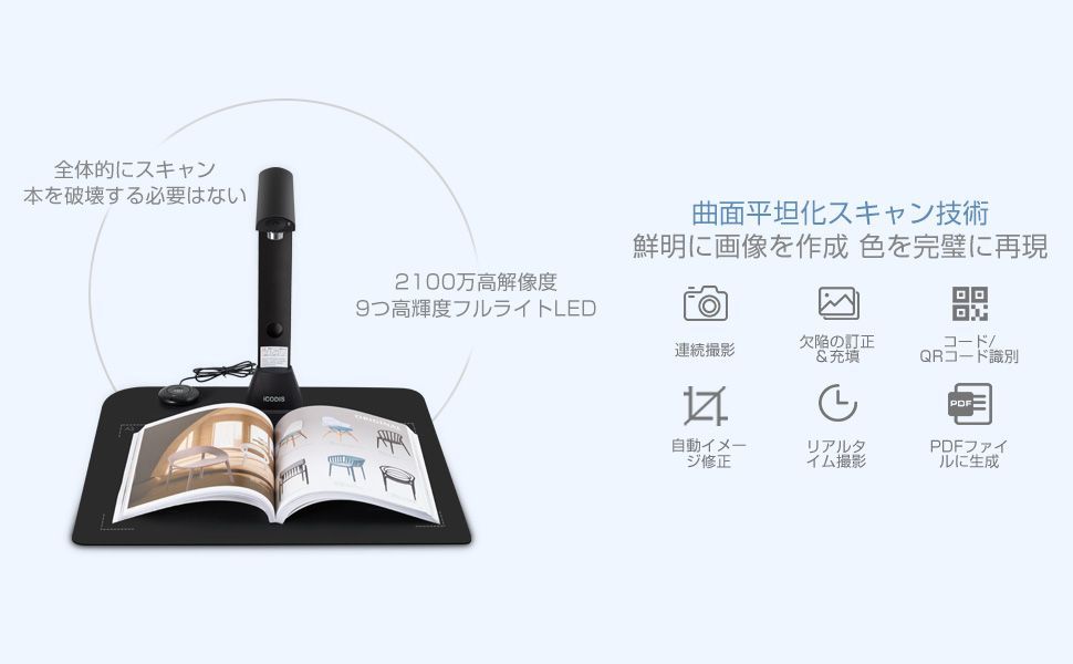 ブラックフライデー iCODIS スキャナー ブックスキャナー ドキュメントスキャナー スキャナ X 9 2100万画素 自動平坦化 歪み補正 非破壊 自炊 書画カメラ 最大A 対応 多言語OCR機能 LEDライト付き オンライン授業 会議用
