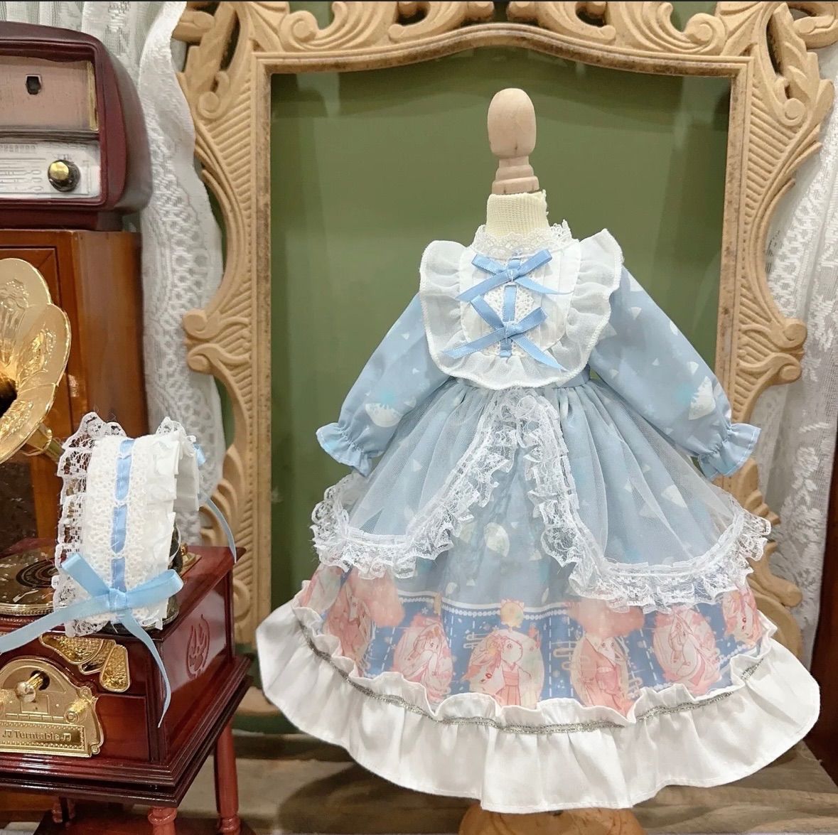 幼SD衣装☆紅茶染めレースの空色ドレス