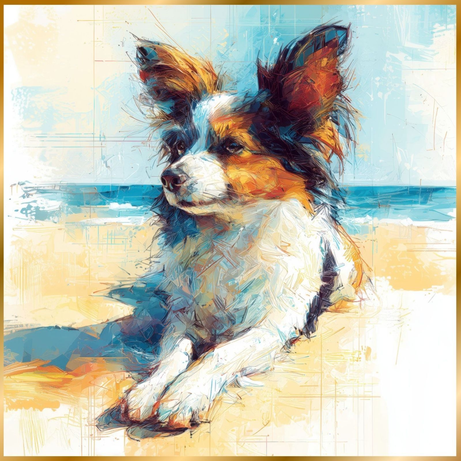 パピヨン犬とビーチのスケッチ No.1 海 犬の絵 犬のイラスト おしゃれ ミニマリスト ミニマリズム シンプル インテリアアート ペットロス うちの子 記念日 アートポスター ギフト プレゼント