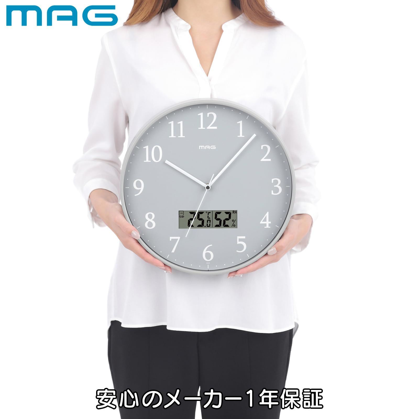 【新着商品】温度計 湿度計 温湿度計 電波時計 おしゃれ かわいい アナログ シンプル インテリア 壁掛け時計 直径30.0㎝ 夜間秒針停止 グレー 掛け時計 グリージョ W-816 MAG(マグ) GY-Z ノア精密