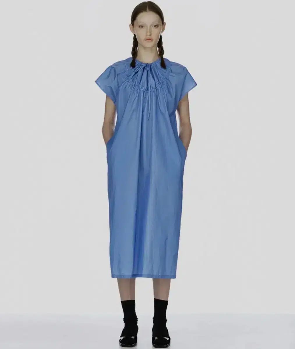 BURMULA SHIRRING PUFF SLEEVE DRESS BLUE