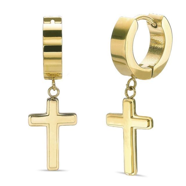 送料無料 リンクス メンズ ピアス イヤリング アクセサリー Men s LYNX Ion Over Stainless Steel Cross Hoop Earrings G Tone