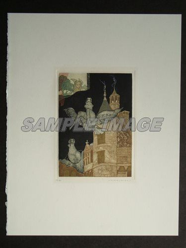 山下清澄 版画 12人の版画家による版画集「鳩」より「空飛ぶ娘