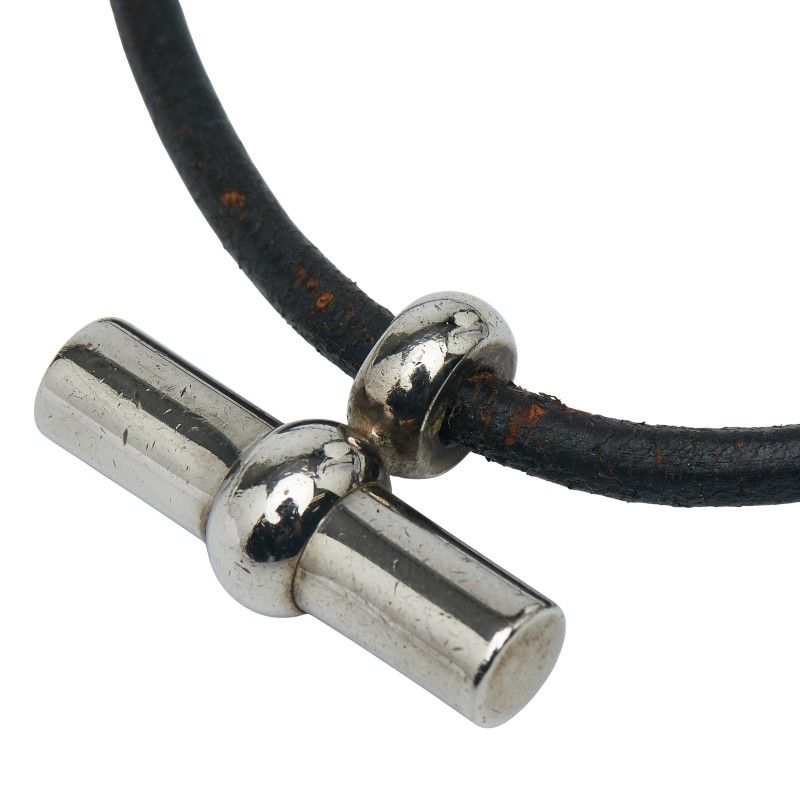 エルメス グレナン ネックレス チョーカー シルバー ブラック メタル レザー レディース HERMES 1-0235689